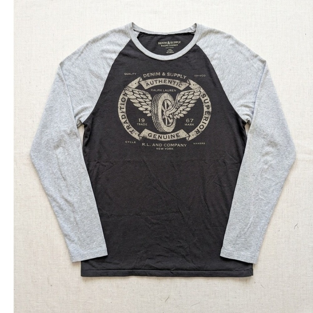 Denim & Supply Ralph Lauren Mens‎ Raglan Graphic Long Sleeve T-Shirt Grey M Moto